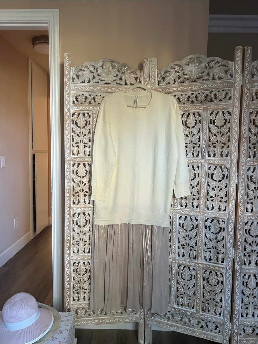 Anthropologie Cream Crewneck Sweater Dress with Pleated Skirt